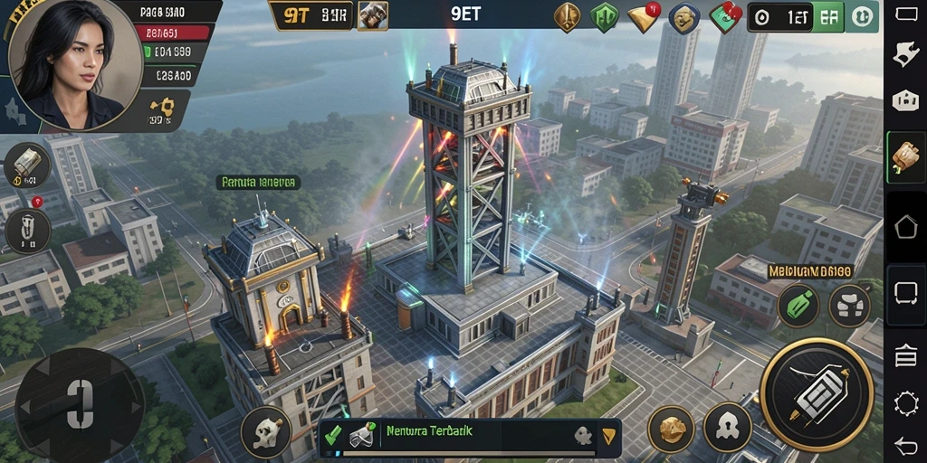 Screenshot gameplay Tower Defense 9ET menunjukkan aksi menara melawan gelombang musuh.