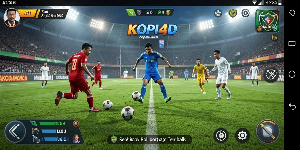 Tangkapan layar gameplay KOPI4D menampilkan aksi seru di lapangan sepak bola.