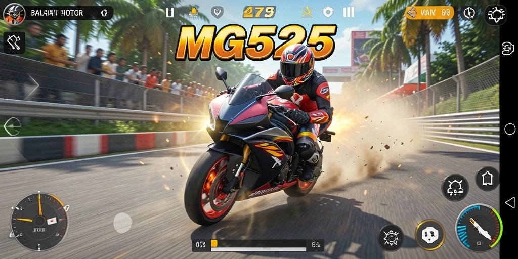 Screenshot MG525 menunjukkan aksi balapan motor yang cepat dan mengasyikkan.