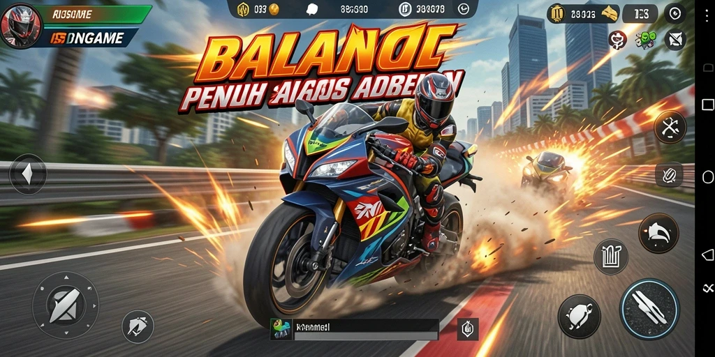 Tangkapan layar gameplay RSNGAME yang menunjukkan balapan motor yang mendebarkan.