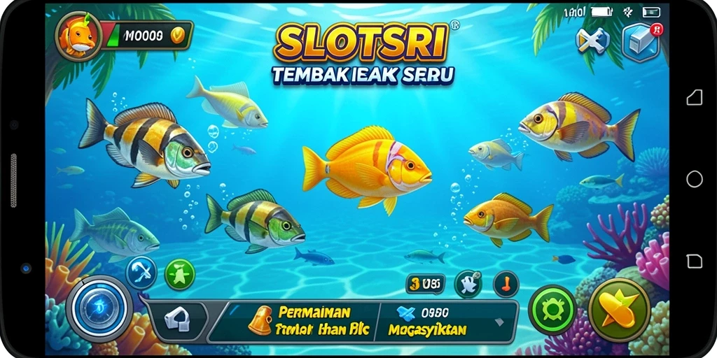 Tampilan screenshot utama SLOTSRI menunjukkan aksi menembak ikan yang seru.