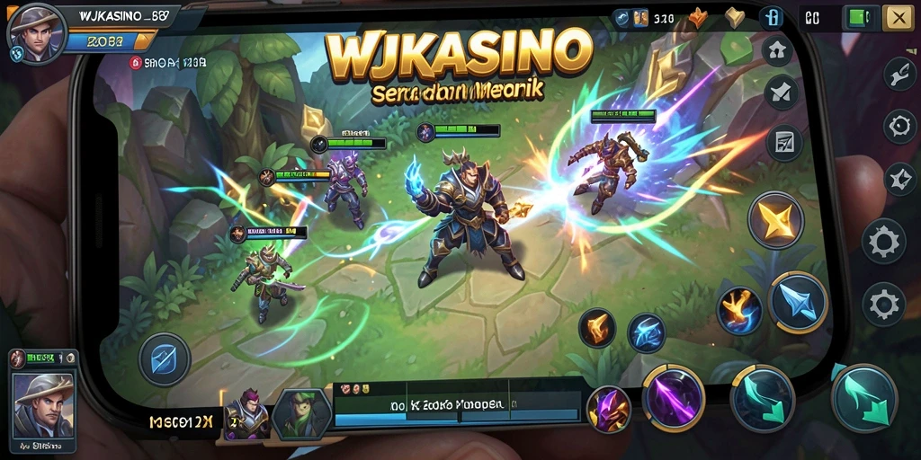 Tampilan penuh aksi gameplay <strong>WJKASINO</strong> dalam pertarungan MOBA yang seru.